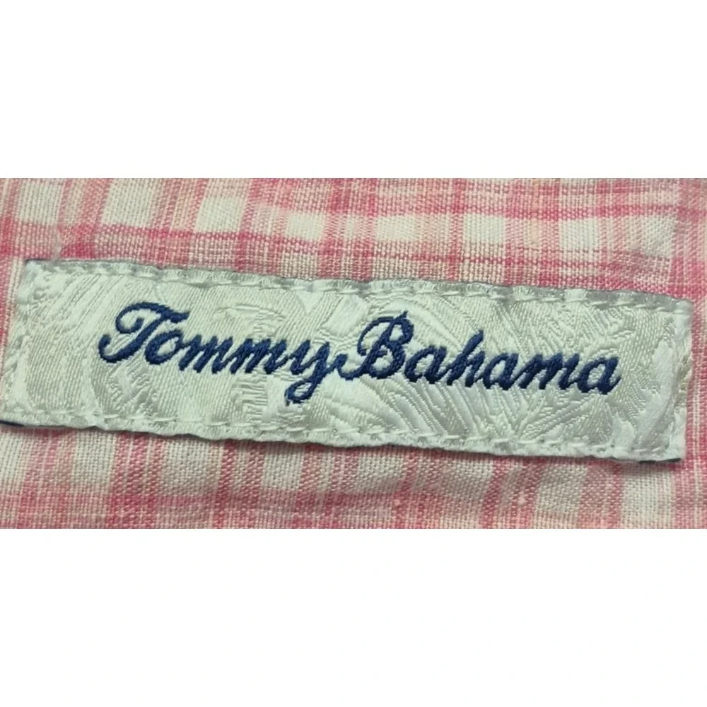 Tommy Bahama men's pink white checker short sleeve button‎ up XL Linen Blend